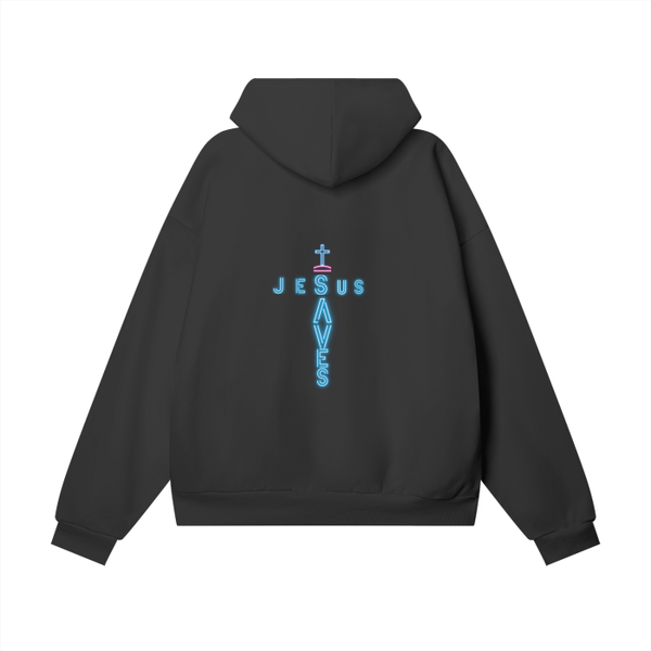 Neon Blue Jesus Saves Cross Ultra Premium Heavyweight Fleece Hoodie